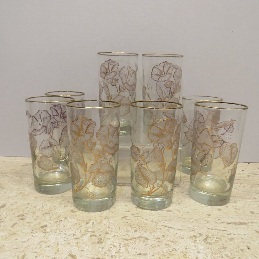 VTG Libby White Morning Glory Floral White & Gold High Ball Glasses Set of 8.